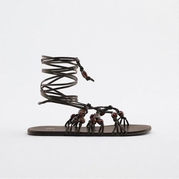 Zara Beaded Lace Up Leather Gladiator Sandals - Picture 5 of 5